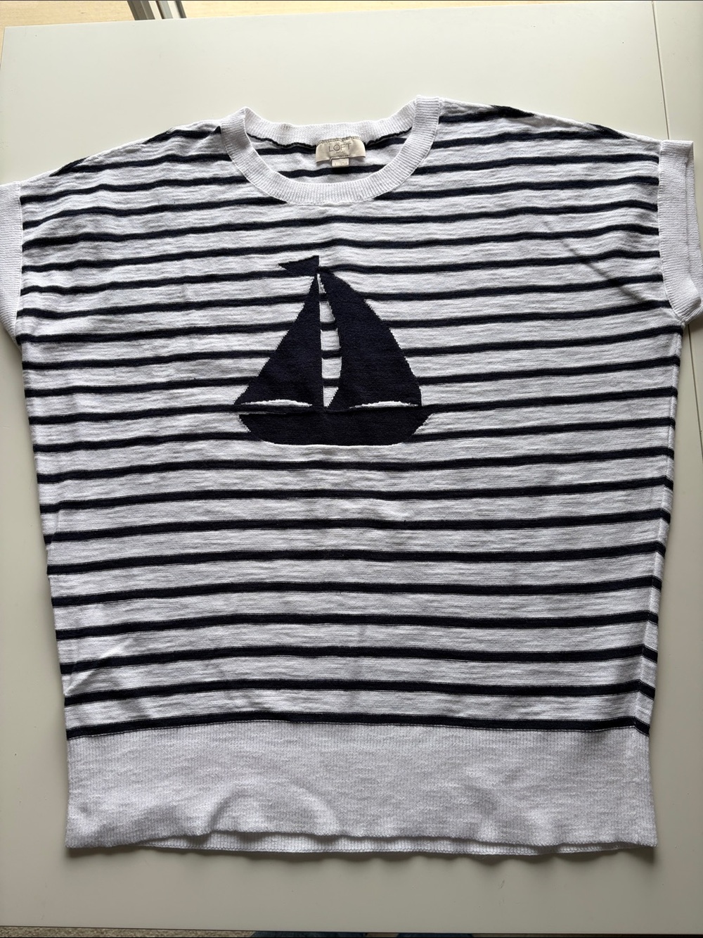 LOFT White & Navy Striped Sailboat Knit Tee - Kids